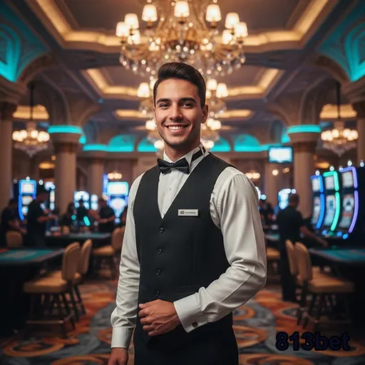Atendente sorridente no cassino 813bet, rodeado de slots.