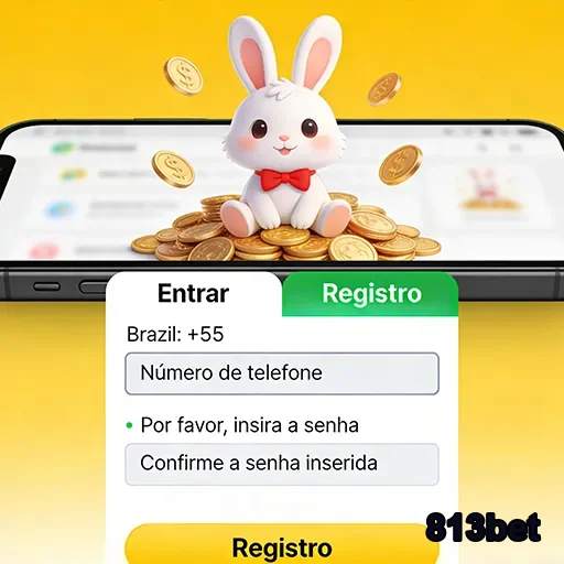Tela de registro do aplicativo 813bet com coelho e moedas.