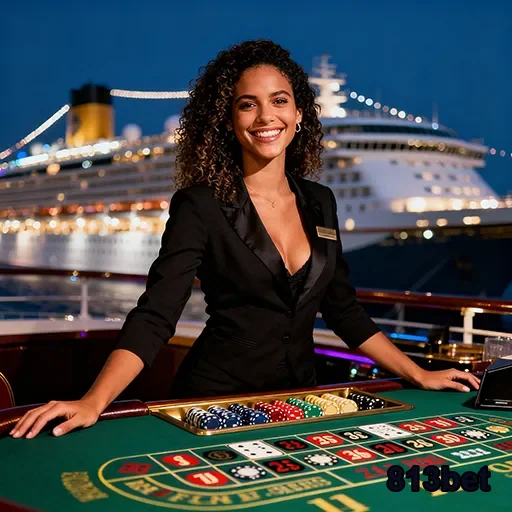 Croupier sorridente no cassino a bordo do navio 813bet.