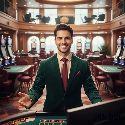 Atendente sorridente da 813bet em um cassino moderno.