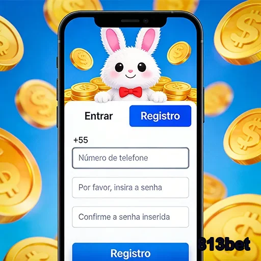 Tela de registro da 813bet com coelho e moedas no fundo.