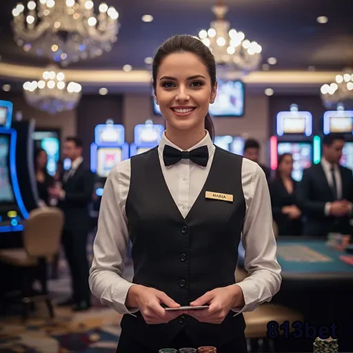 Atendente sorridente em cassino do 813bet interagindo com jogadores.